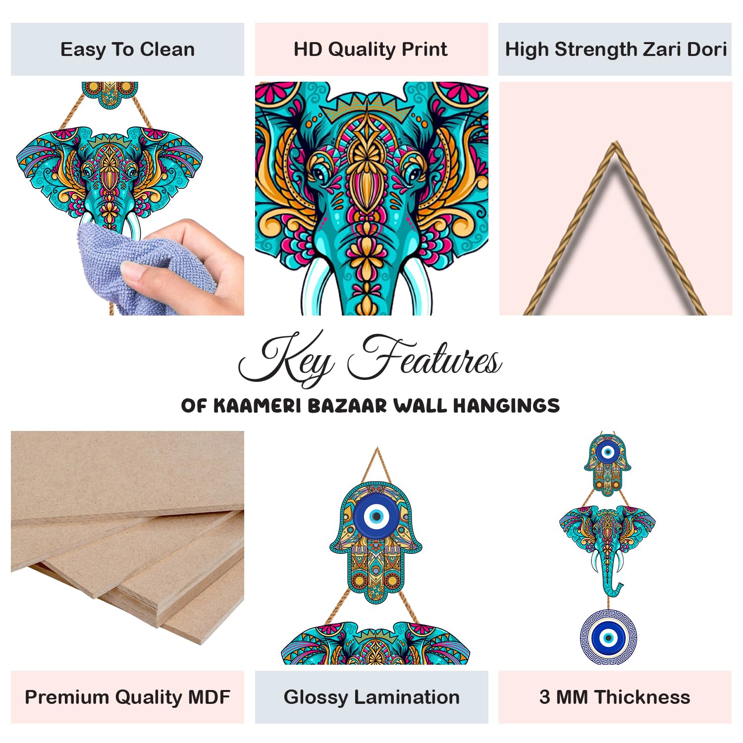 Evil Eye Hanging for Home Entrance, Elephant Design Wooden Turkish Blue Nazar Battu