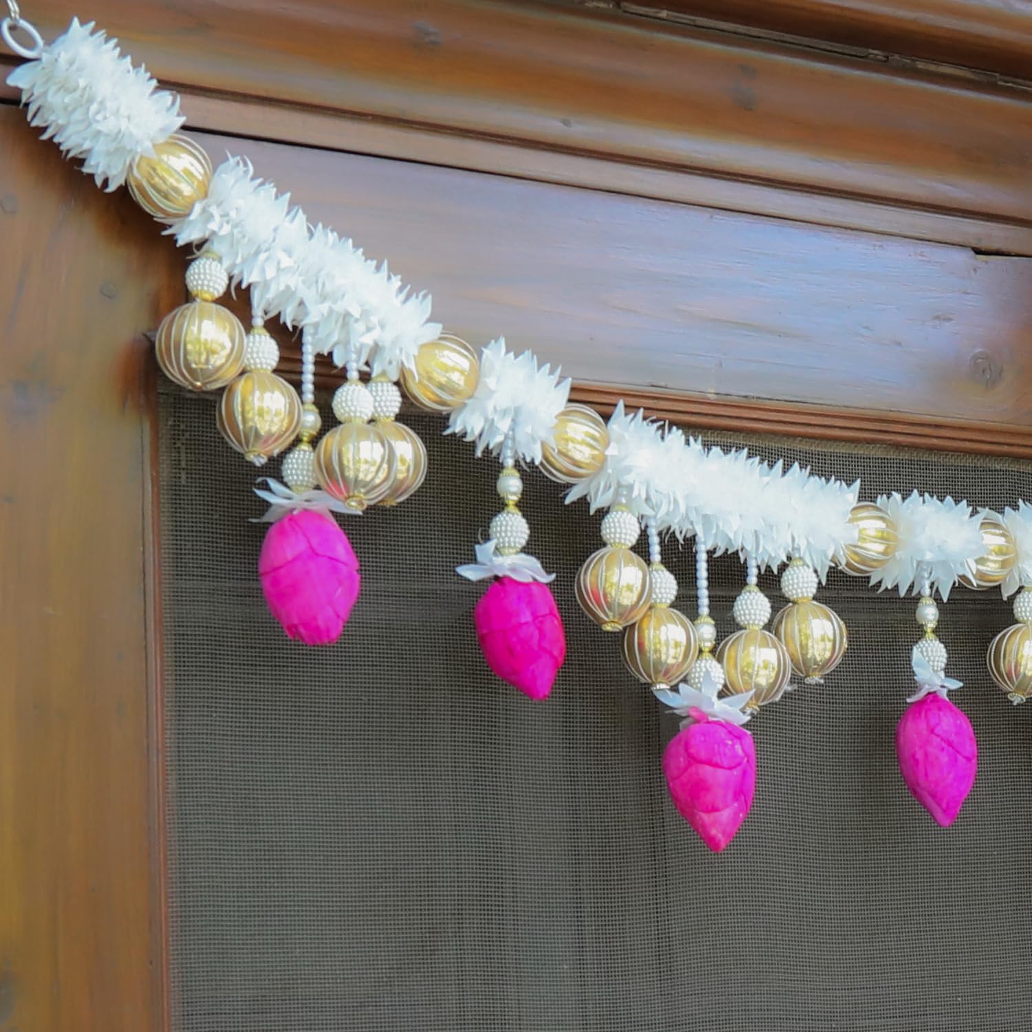 Toran for Main Door Entrance Traditional Handmade Door Hanging Toran with White Gajra, Pink Lotus & 
