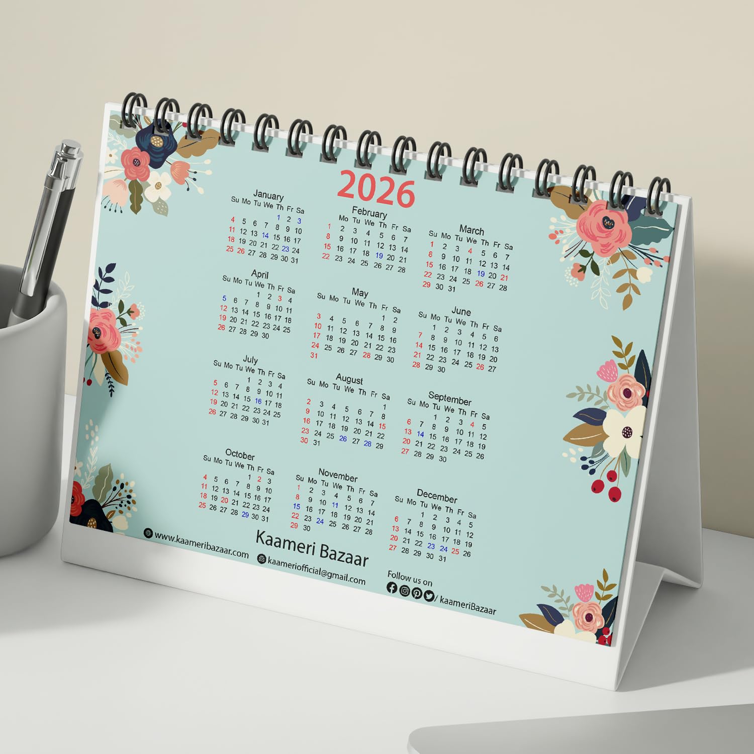 January - December 2026 l Floral Desk Calendar l With inspirational quotes -12 Months l Includes not