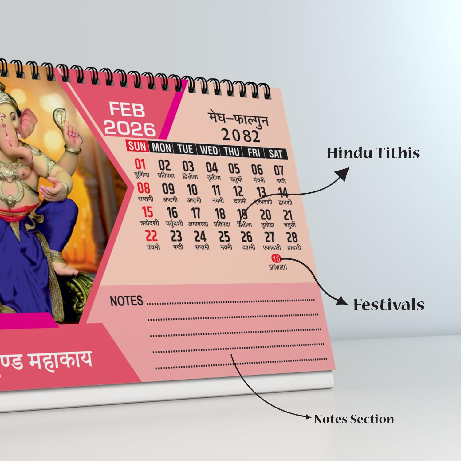 Mangal Murti Lord Ganesha 2026 Desk Calendar  Hindu Panchang, Tithi, Vrat  Wire-bound Table Top Cale