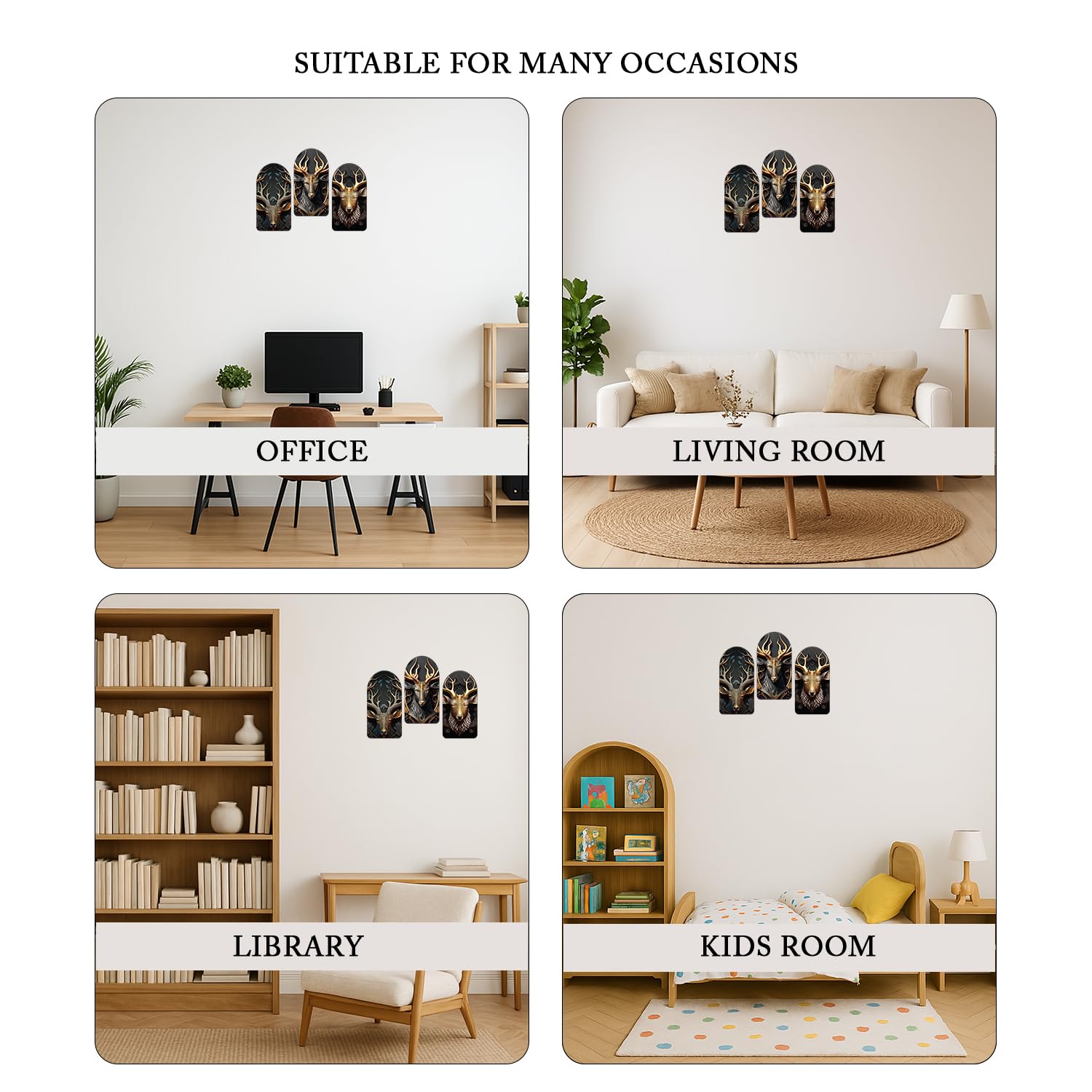 Designer Deer Engineered Wood Wall Hanging Decoration Item for Decorative Items, Pack of 3 Pieces