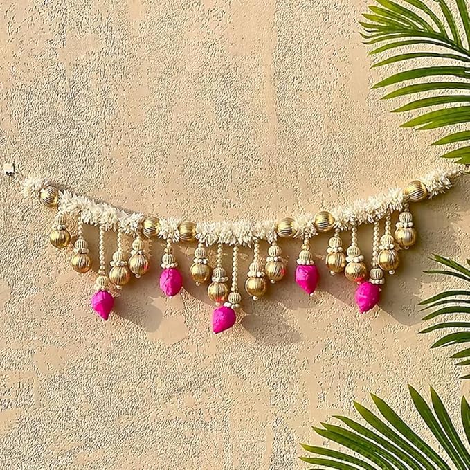 Toran for Main Door Entrance Traditional Handmade Door Hanging Toran with White Gajra, Pink Lotus & 