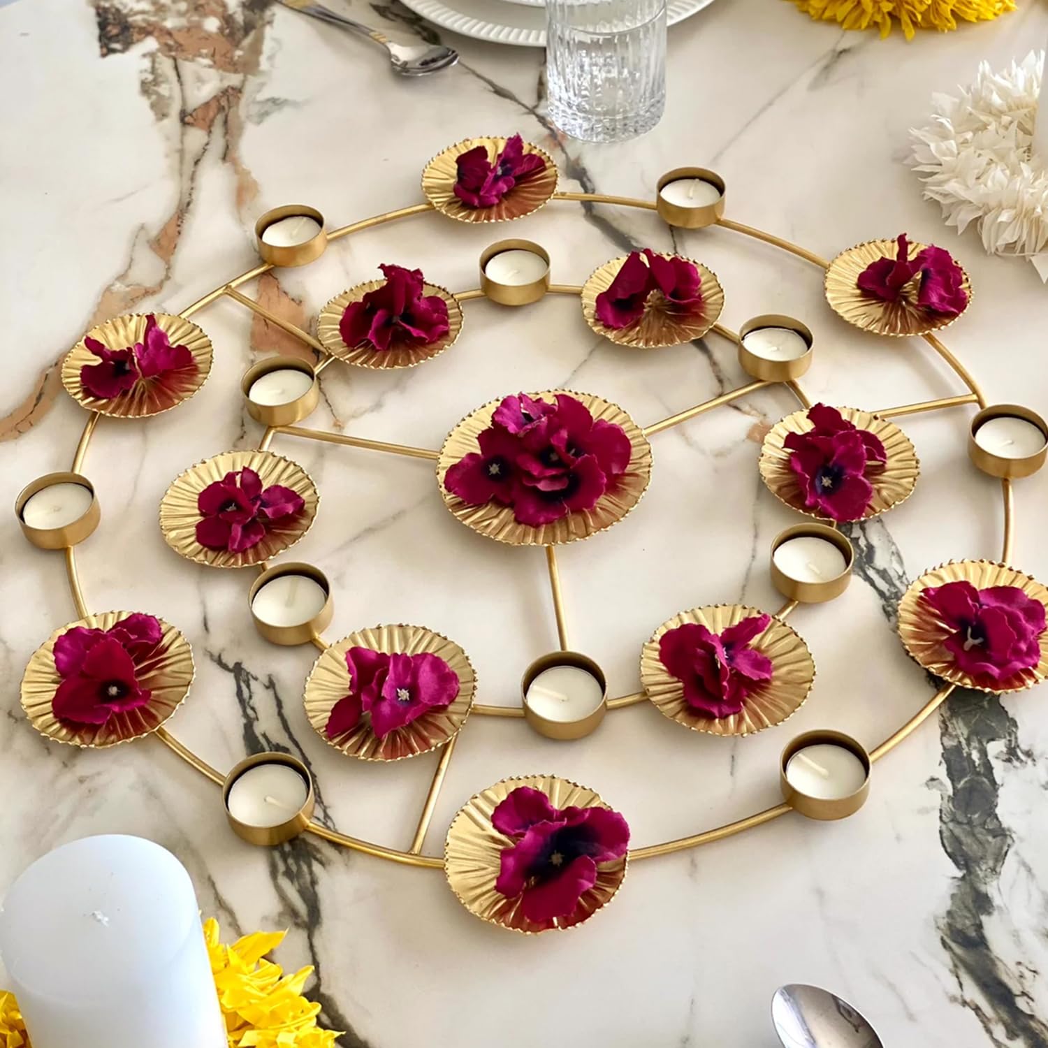 Round Iron Grand Rangoli Diya Tea Light Candle Holder with Lotus Leaf Votive Tray for Home and Festi