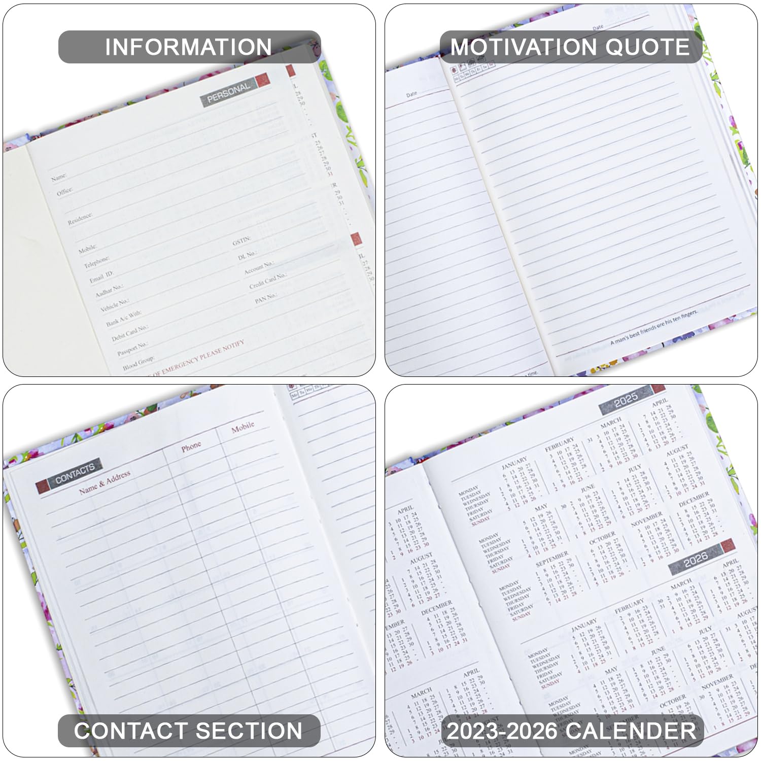 A5 Grow Your Dreams Like Flowers Hard Bound Designer Notebook Journal Diary 2026 with Undated Pages,