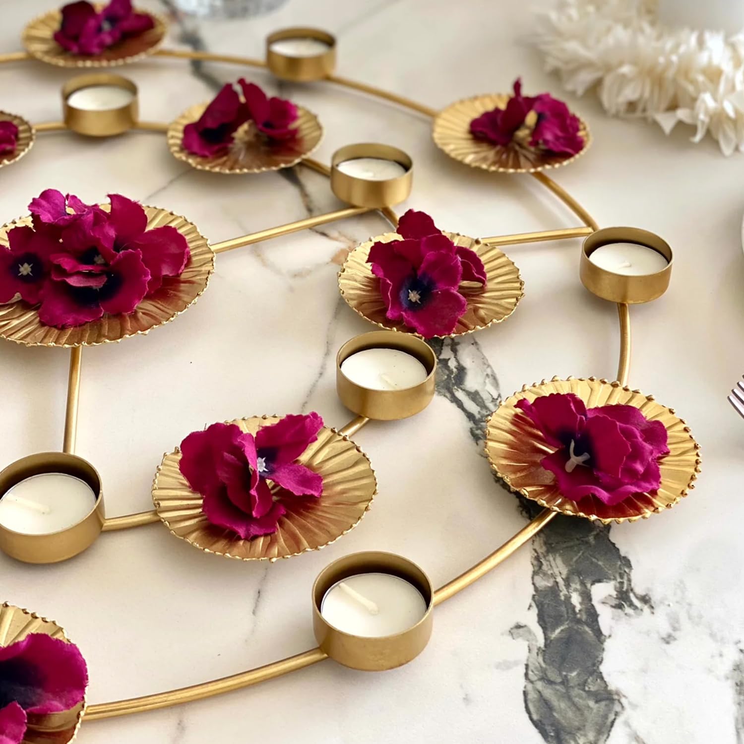 Round Iron Grand Rangoli Diya Tea Light Candle Holder with Lotus Leaf Votive Tray for Home and Festi