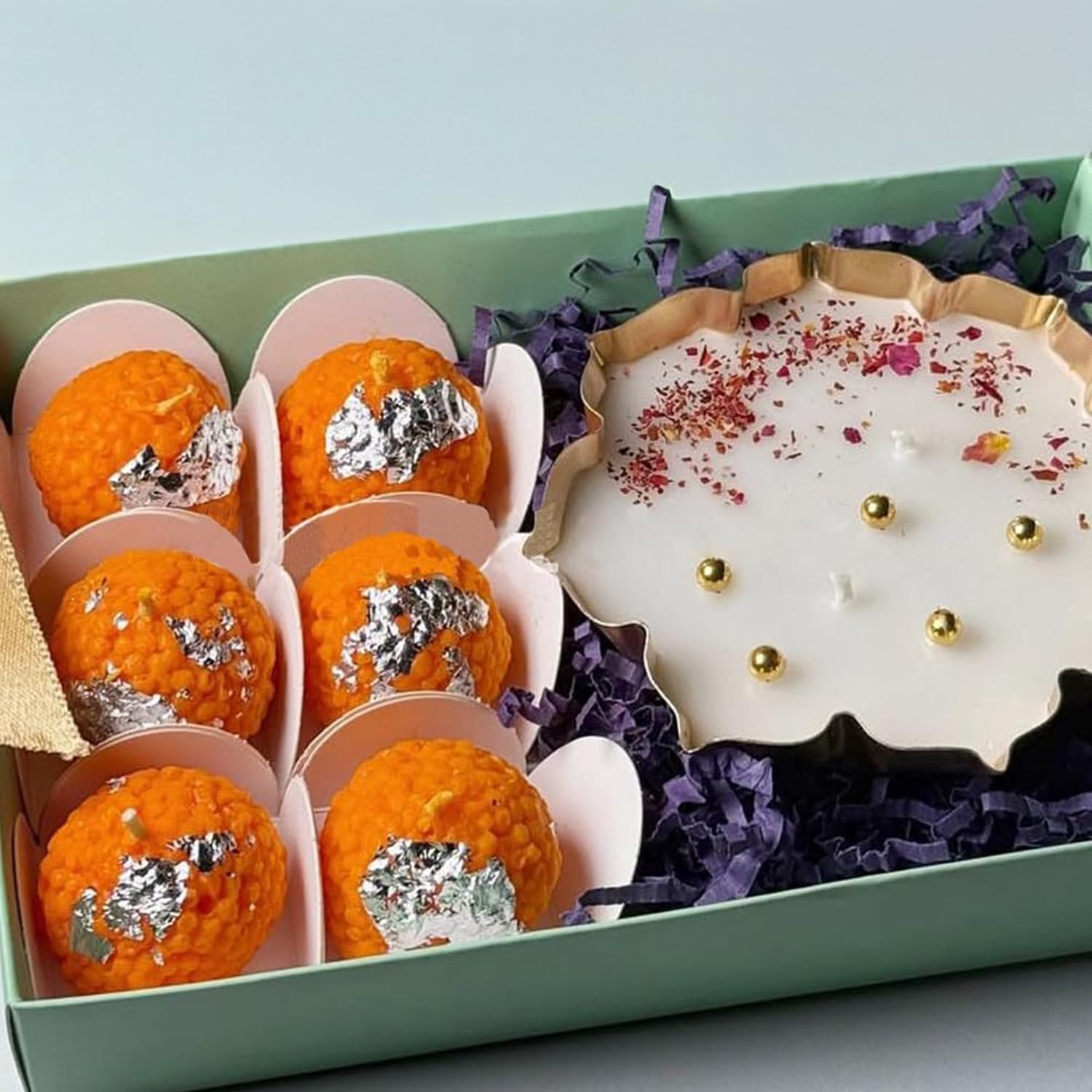 Set of 2 Phool Urli Candle Diya with 6 Laddoo Shaped Candle Combo for Diwali Decoration  Flower Shap