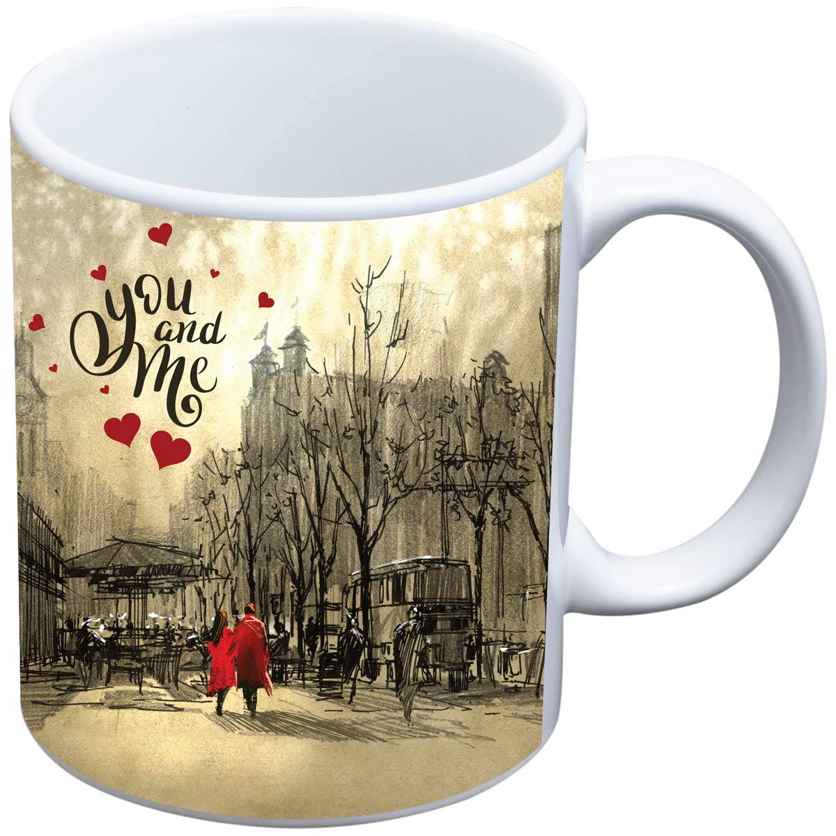 Valentines Day You and me Quote Printed Cushion Cover with Filler(12 x 12) Mug and 1 Artificial Rose
