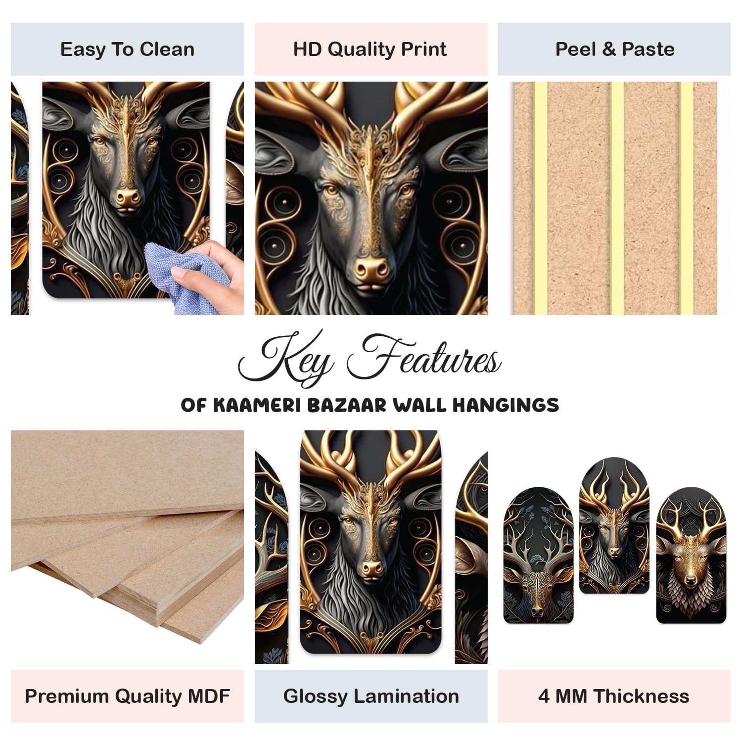 Designer Deer Engineered Wood Wall Hanging Decoration Item for Decorative Items, Pack of 3 Pieces