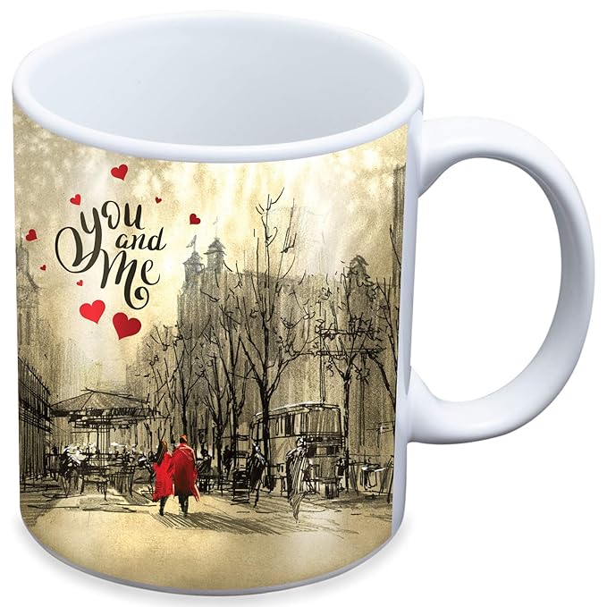 Valentines Day Micro Satin and Fibre Couple in red Walking on Street of City with You and me Quote P