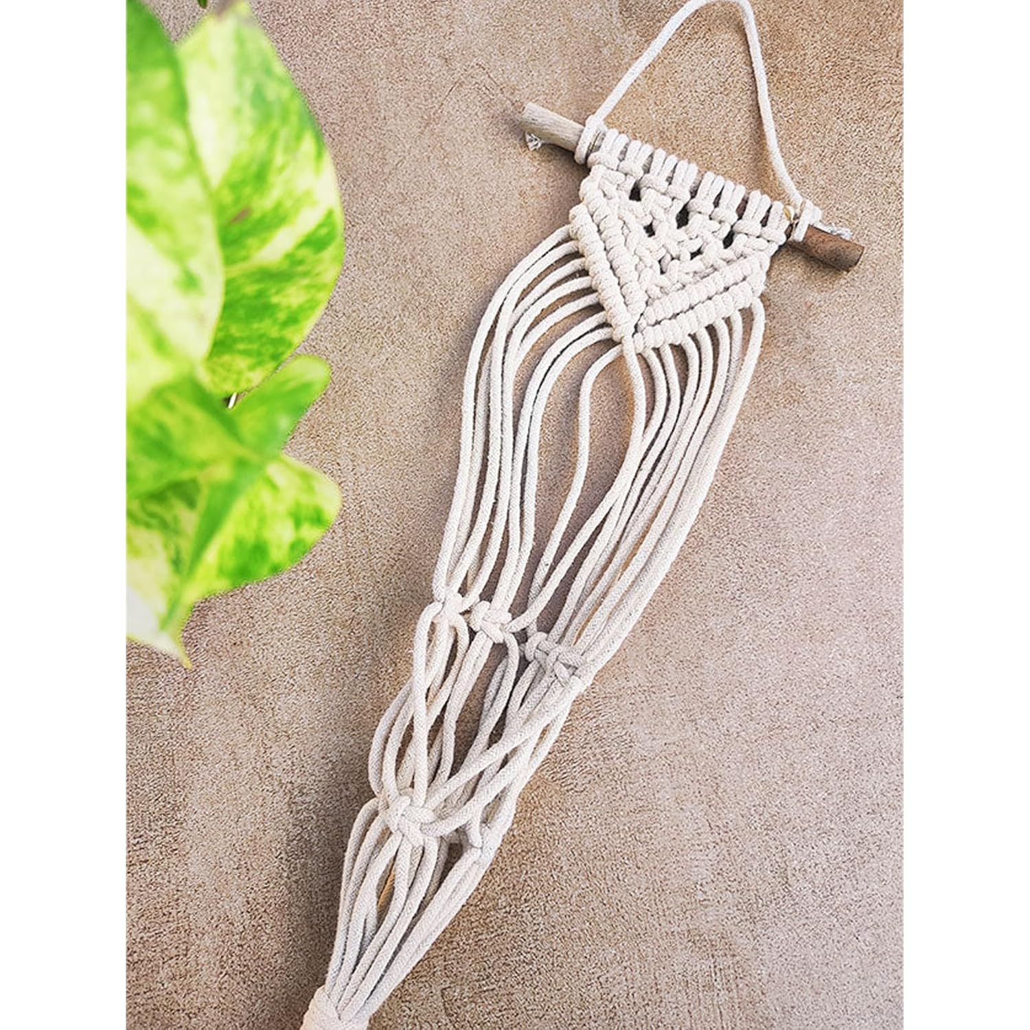 Boho Macrame Design Wall Hanging with Owl Shaped Plant Pot (Wall Hanging, White)