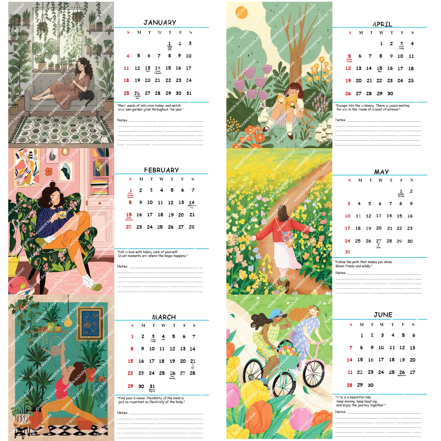  Click to see full view 2026 Mindfulness Desk Calendar – Floral & Nature Illustrations – 12 Month St