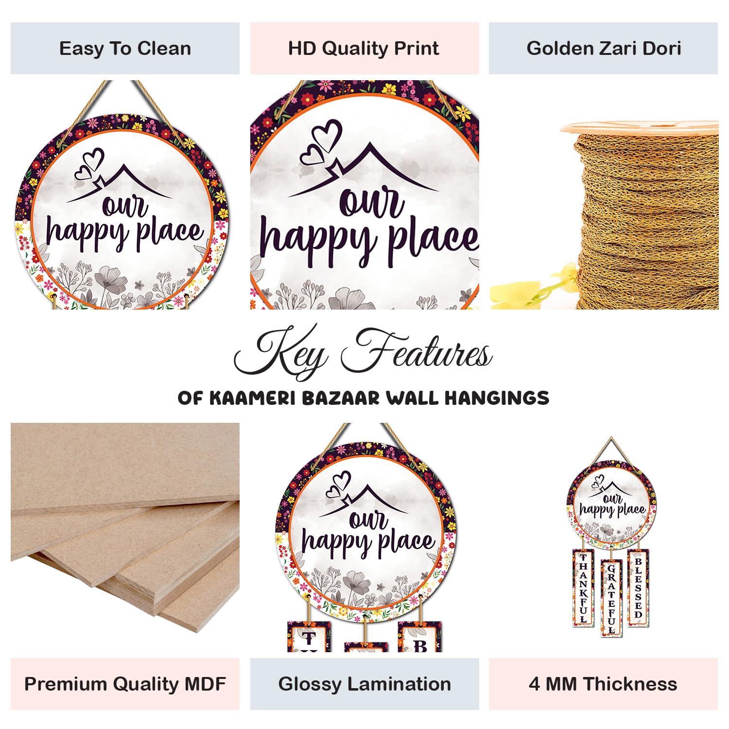 Our Happy Place Positive Quote Wall Hanging for Balcony -Blessed, Thankful, Grateful
