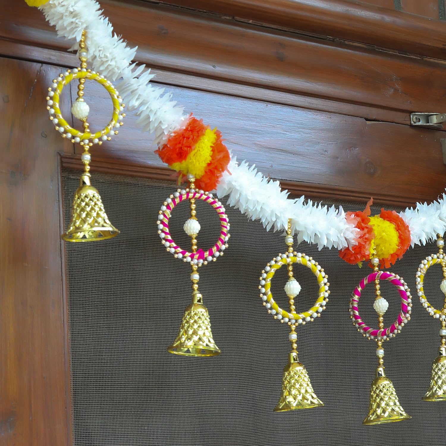 Toran for Main Door  Handmade Beads, Bangles & Bells with Marigold Orange, Yellow Genda & White Jasm