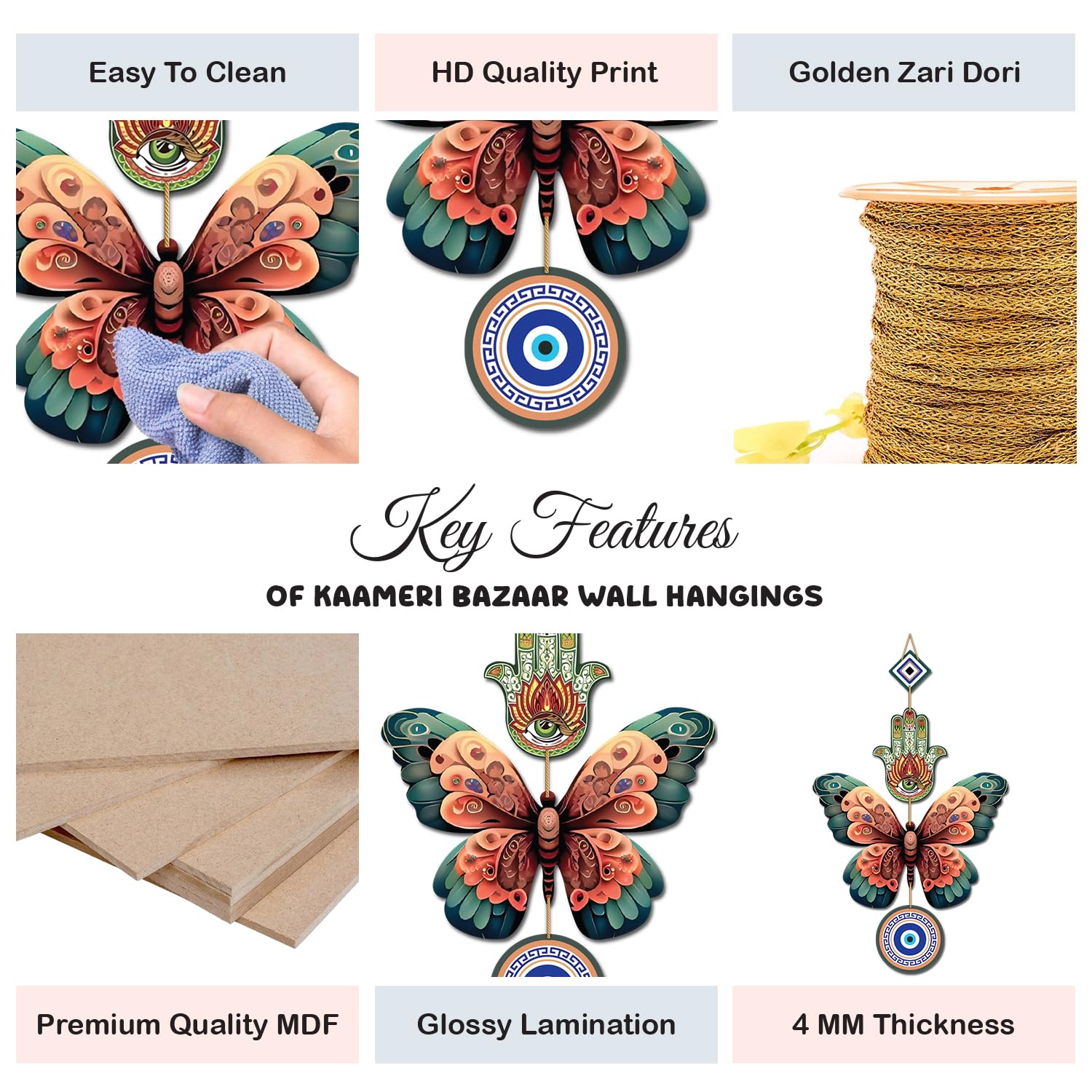 Butterfly Wooden Wall Hanging for Home Décor - Hamsa Hand Decoration