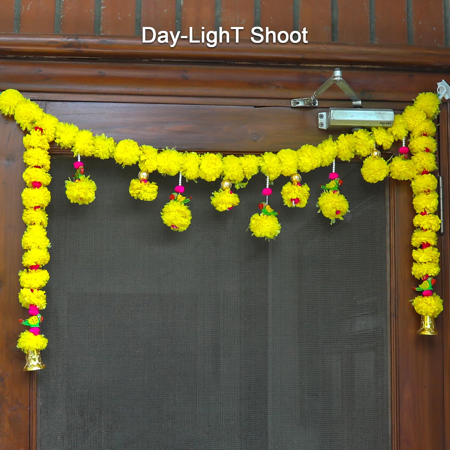 Handmade Beads, Parrot, Pom Pom and Bells with Yellow Marigold Flower, Traditional Door Hanging Band