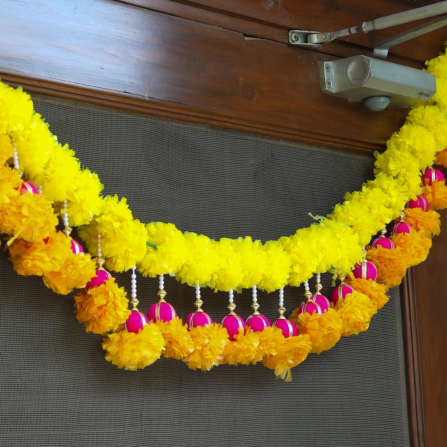 Handmade Plastic Beads Marigold Pink and Orange genda Traditional Door Hanging Bandarwal Toran for D