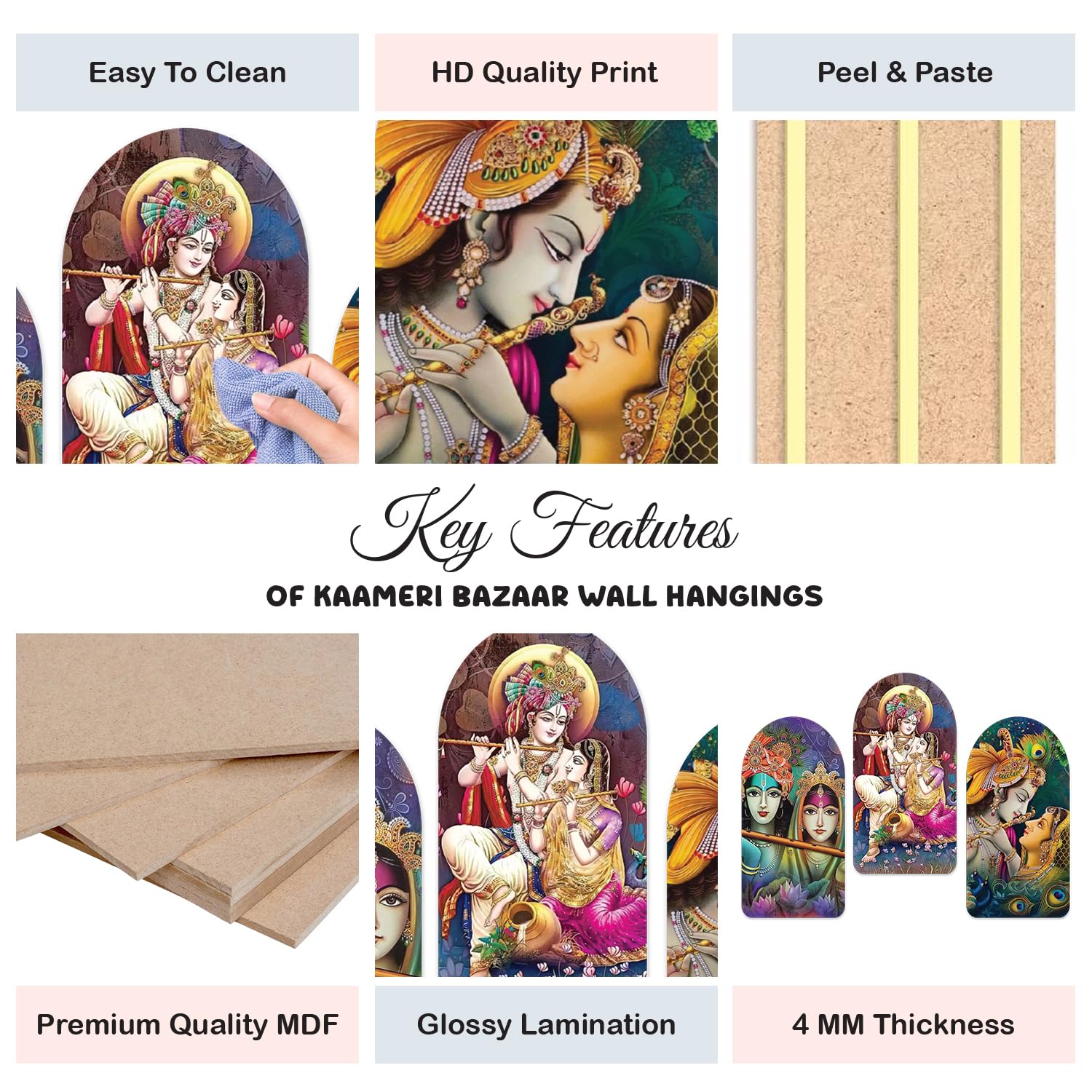 Designer MDF Lord Krishna Wooden Wall Hanging for Home Decoration Pack of 3 Pieces