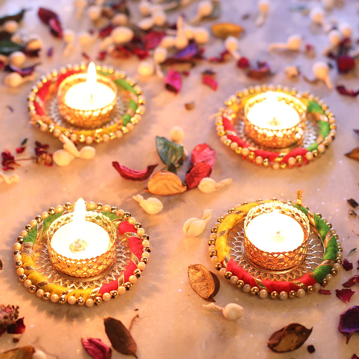 Decorative Brass Design Tealight Holder (PACK OF 4)