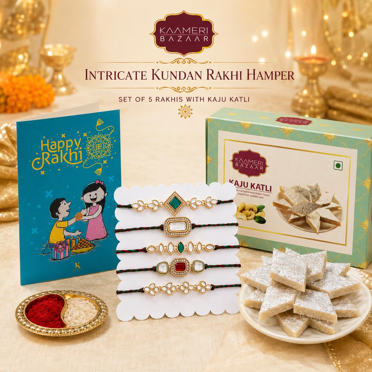 Set of 5 Intricate Kundan Rakhis for Brother with Kaju Katli 100g