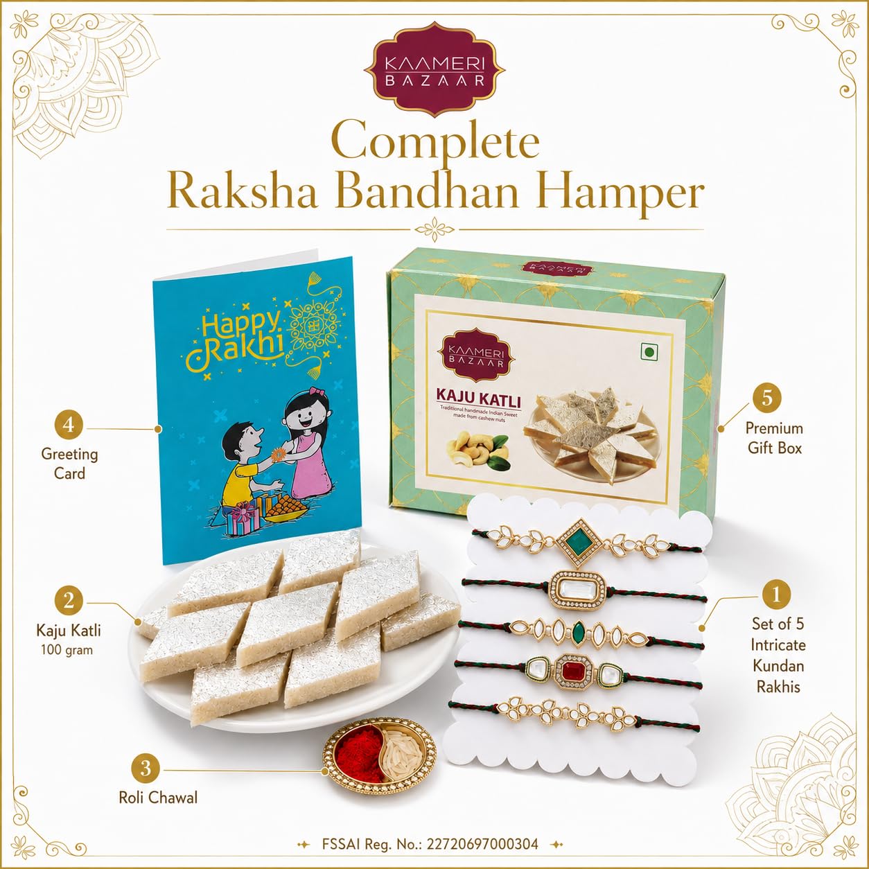 Set of 5 Intricate Kundan Rakhis for Brother with Kaju Katli 100g