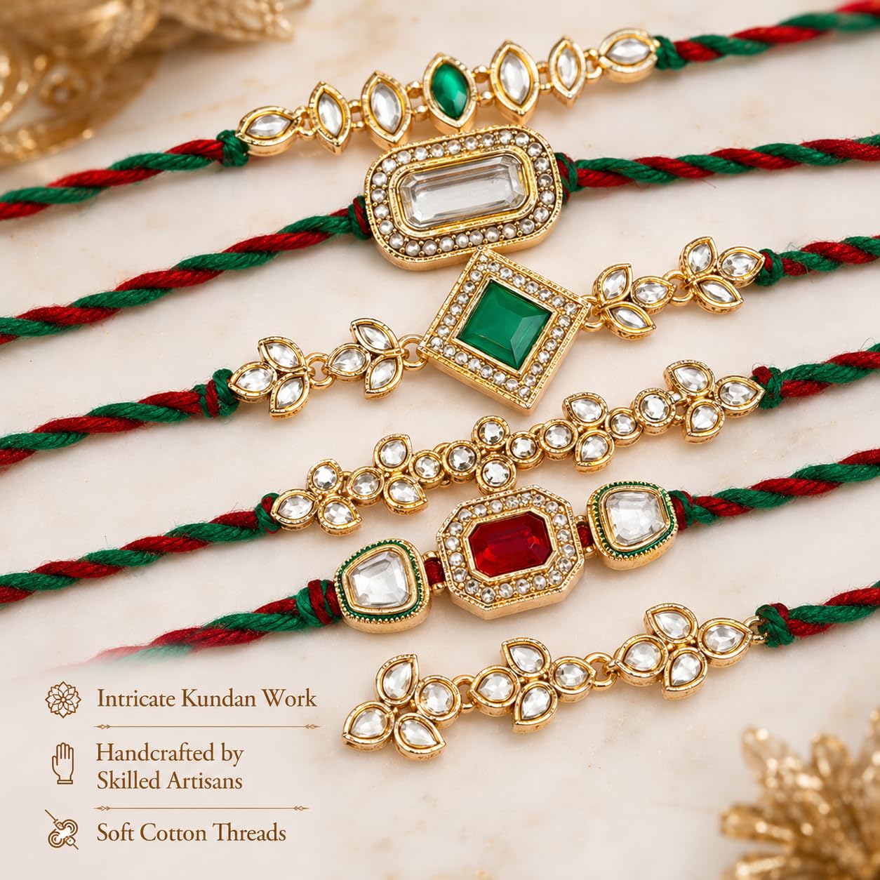 Set of 5 Intricate Kundan Rakhis for Brother with Kaju Katli 100g