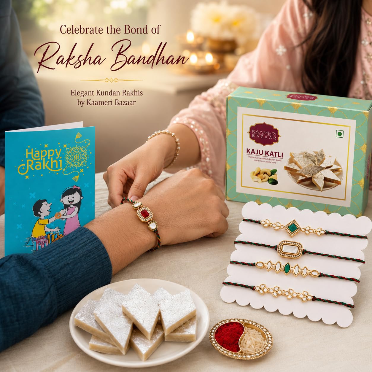Set of 5 Intricate Kundan Rakhis for Brother with Kaju Katli 100g