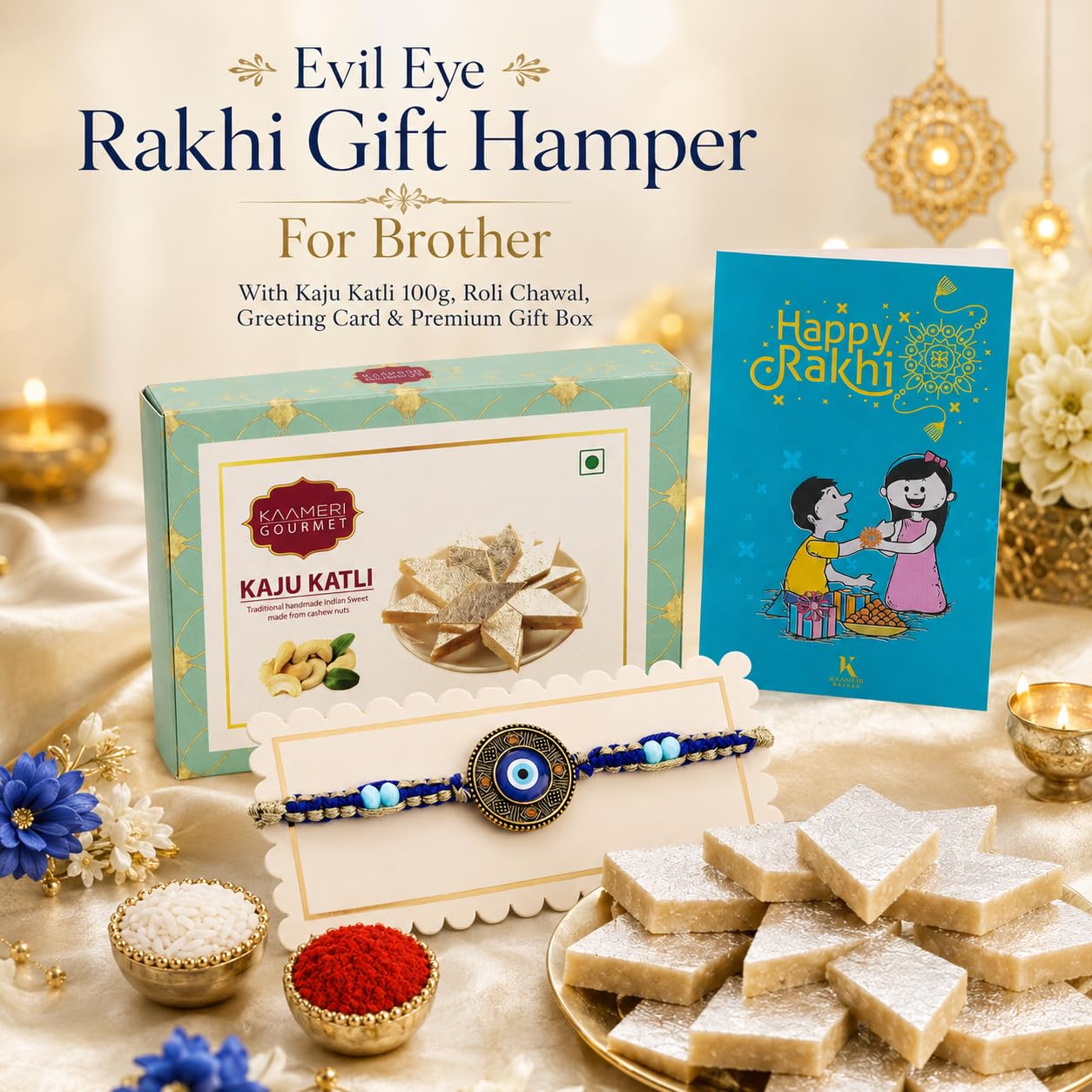 Circle Evil Eye Rakhi for Brother with Kaju Katli 100g