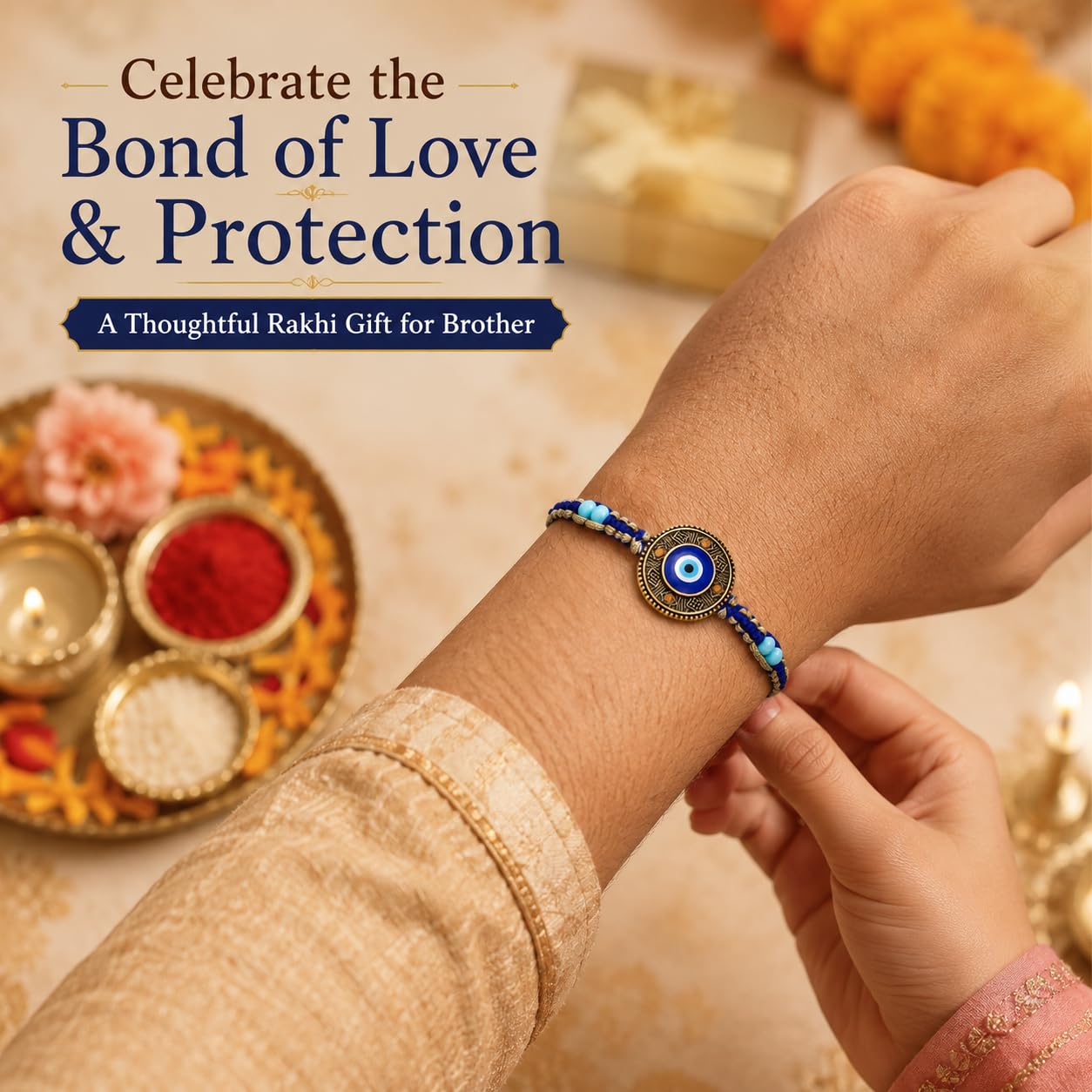 Circle Evil Eye Rakhi for Brother with Kaju Katli 100g