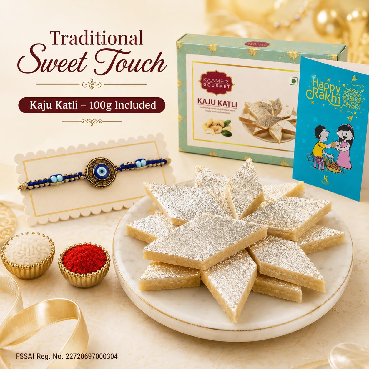 Circle Evil Eye Rakhi for Brother with Kaju Katli 100g