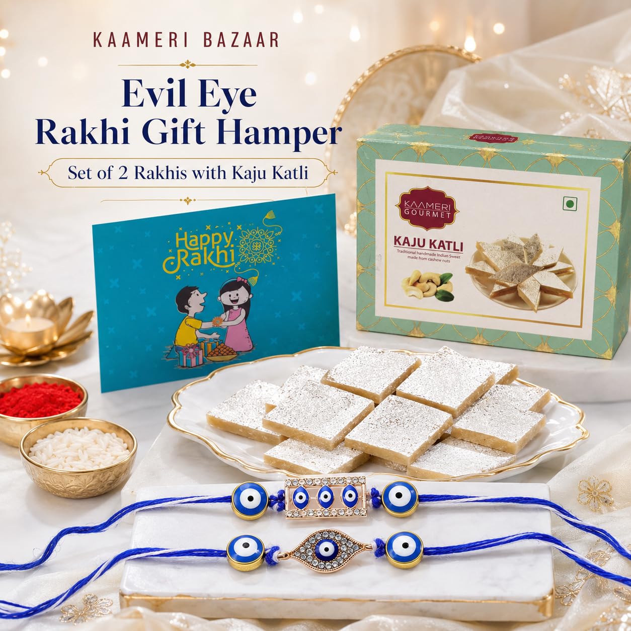 Evil Eye Rakhi for Brother with Kaju Katli 100g