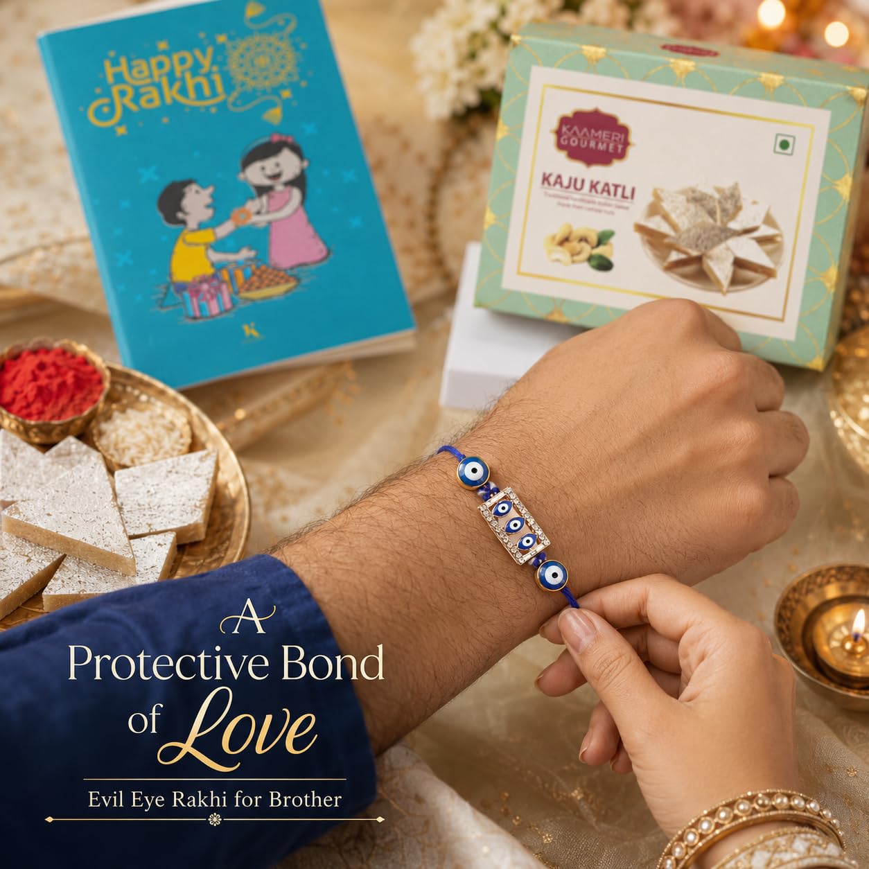Evil Eye Rakhi for Brother with Kaju Katli 100g