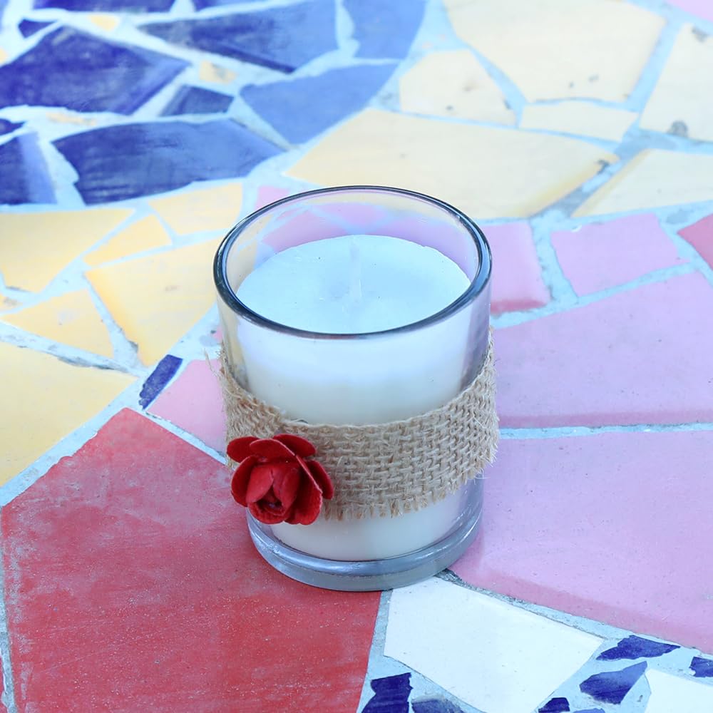 Unscented Glass Votive Candle Wrapped with Jute and Red Paper Flower (Pack of 6)