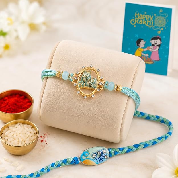 Bal Krishna and Peacock Pastel Meenakari Rakhi Set of 2 for Brother