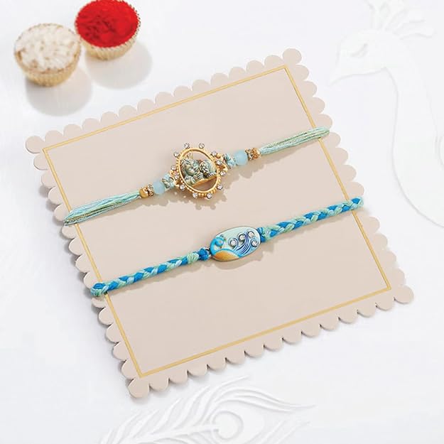 Bal Krishna and Peacock Pastel Meenakari Rakhi Set of 2 for Brother