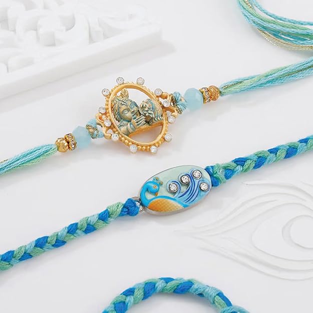Bal Krishna and Peacock Pastel Meenakari Rakhi Set of 2 for Brother