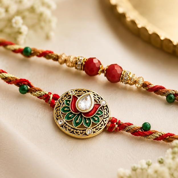Kundan Lotus Rakhi Set of 2 for Brother