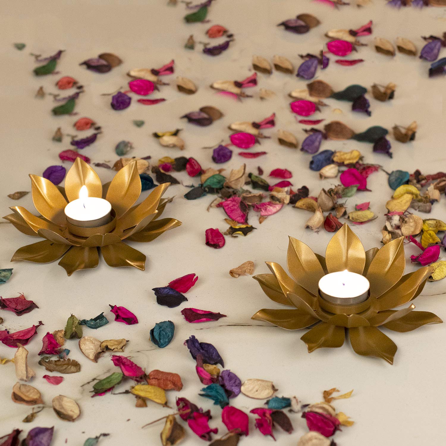 Lotus Tealight Holder with Tealight for Diwali Decoration (Pack of 2)