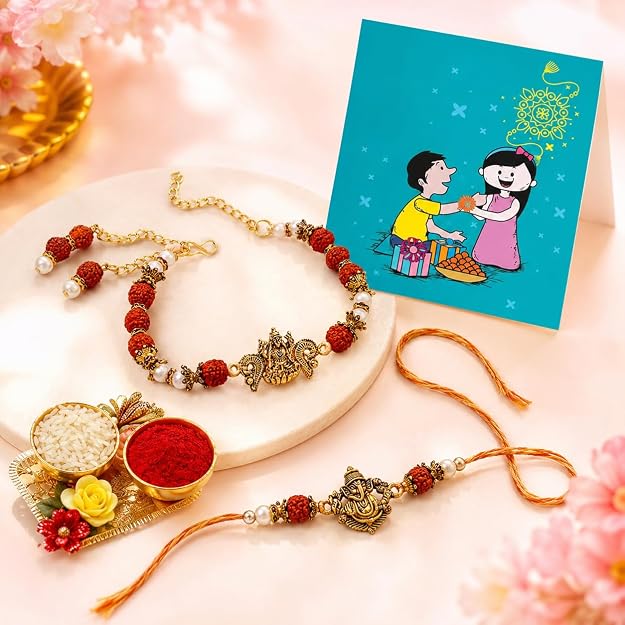 Ganesh & Lakshmi Antique Bhaiya Bhabhi Rakhis Set