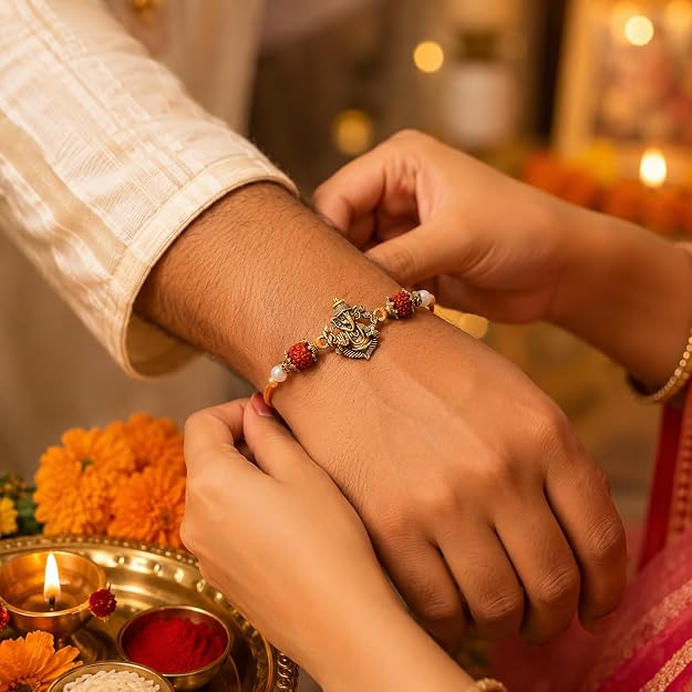Ganesh & Lakshmi Antique Bhaiya Bhabhi Rakhis Set