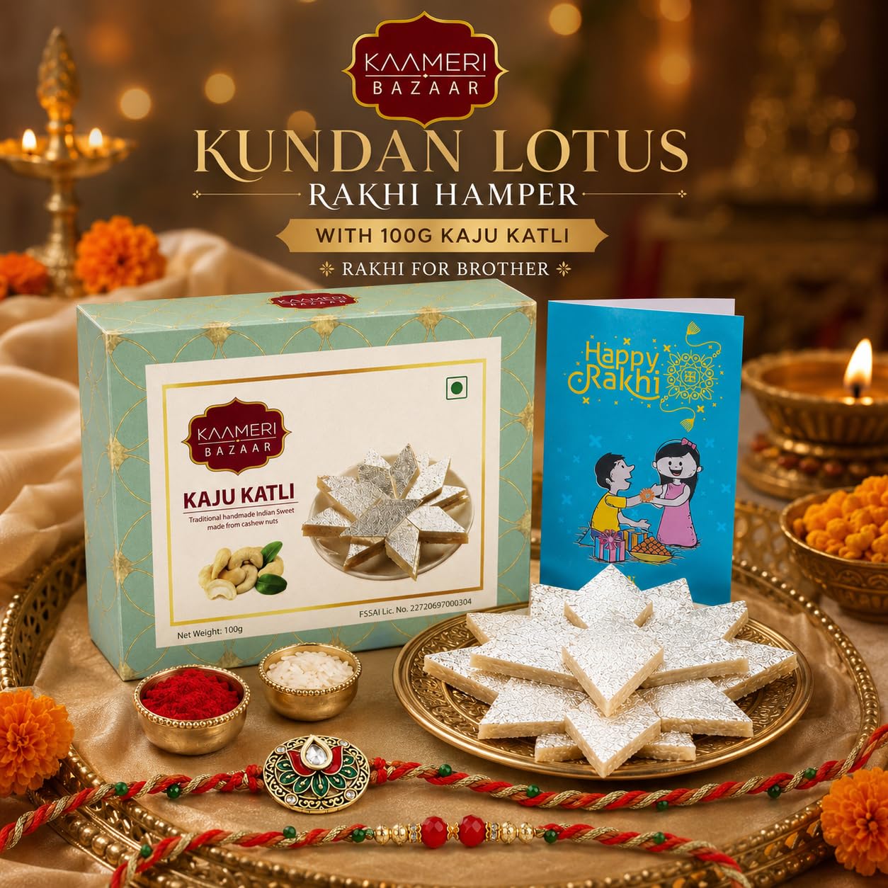 Kundan Lotus Rakhi Hamper for Brother with 100g Kaju Katli