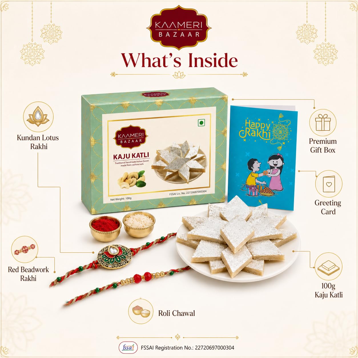 Kundan Lotus Rakhi Hamper for Brother with 100g Kaju Katli