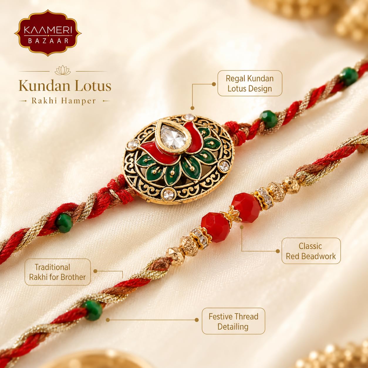 Kundan Lotus Rakhi Hamper for Brother with 100g Kaju Katli