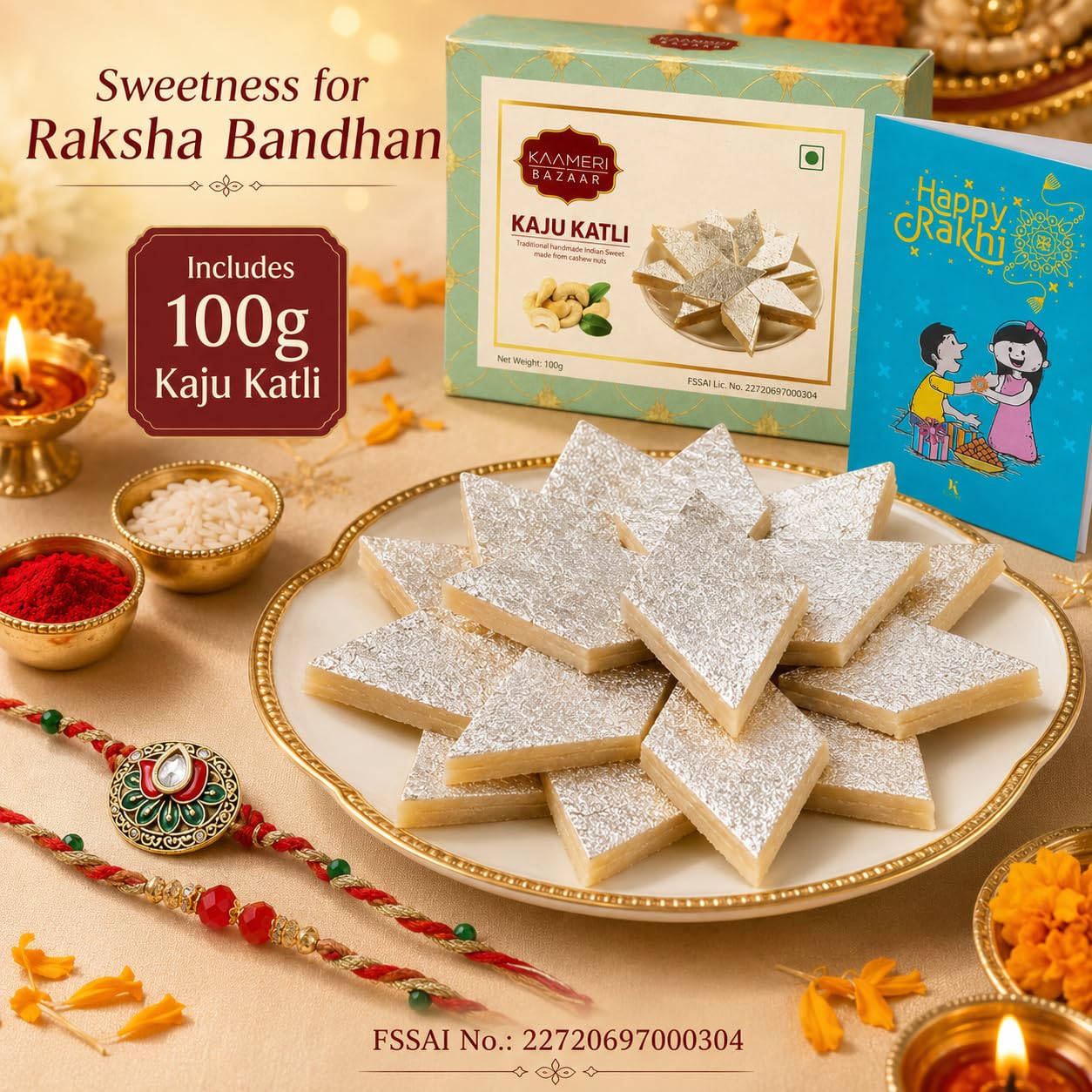 Kundan Lotus Rakhi Hamper for Brother with 100g Kaju Katli