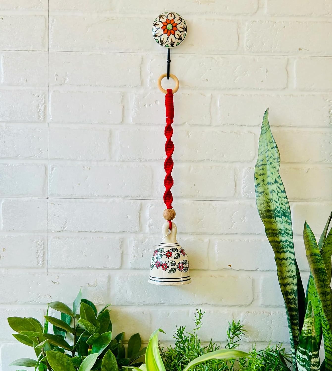 Handmade Boho Macrame Hanging Wall Decoration Ceramic Ringing Bells with Hooks (Set of 5)