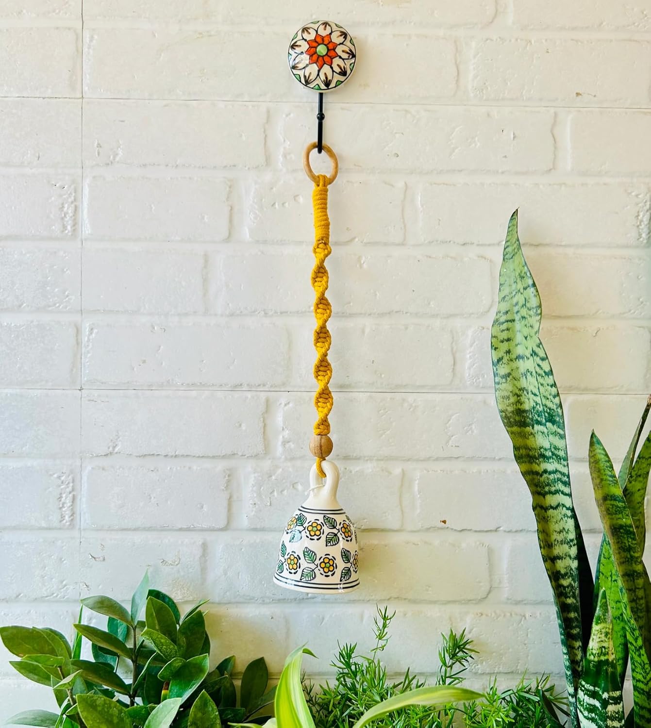 Handmade Boho Macrame Hanging Wall Decoration Ceramic Ringing Bells with Hooks (Set of 5)