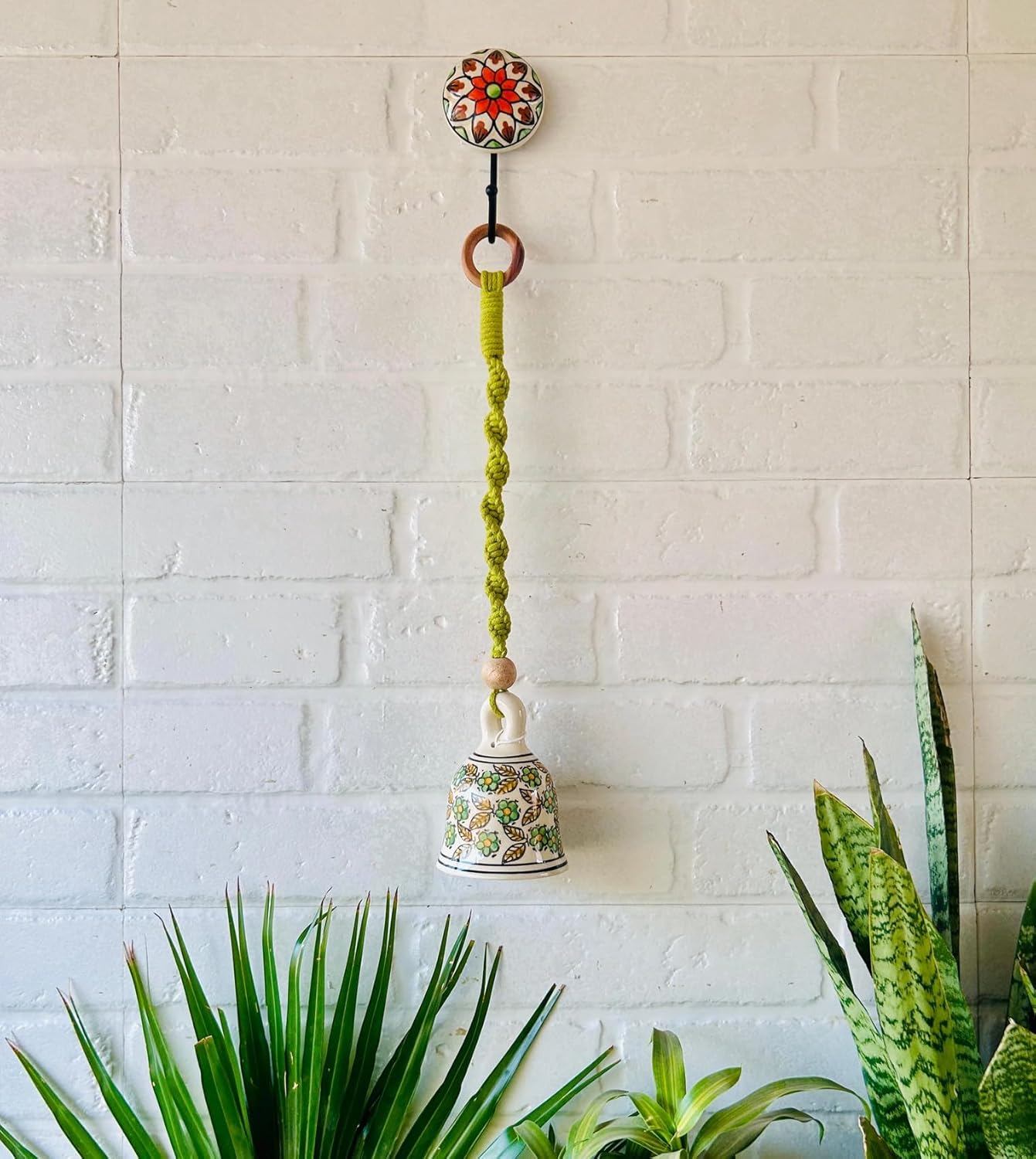 Handmade Boho Macrame Hanging Wall Decoration Ceramic Ringing Bells with Hooks (Set of 5)