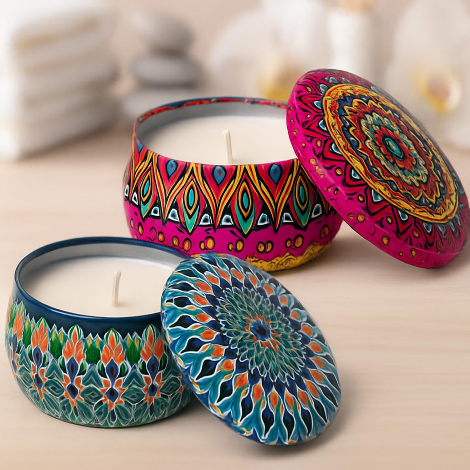 Scented Mandala Printed Reusable Tin Candles (Fragrance, Pack of 4)