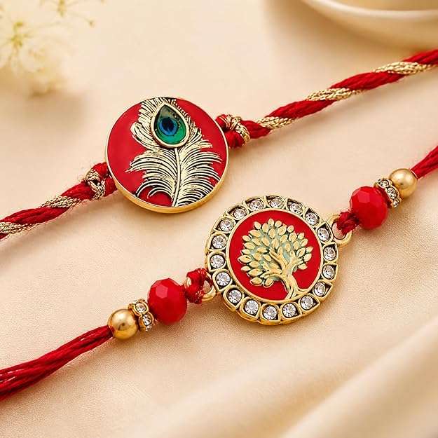 Meenakari Tree of Life and Peacock Rakhi Set of 2