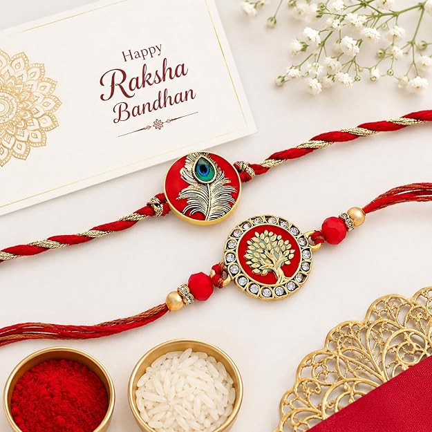 Meenakari Tree of Life and Peacock Rakhi Set of 2