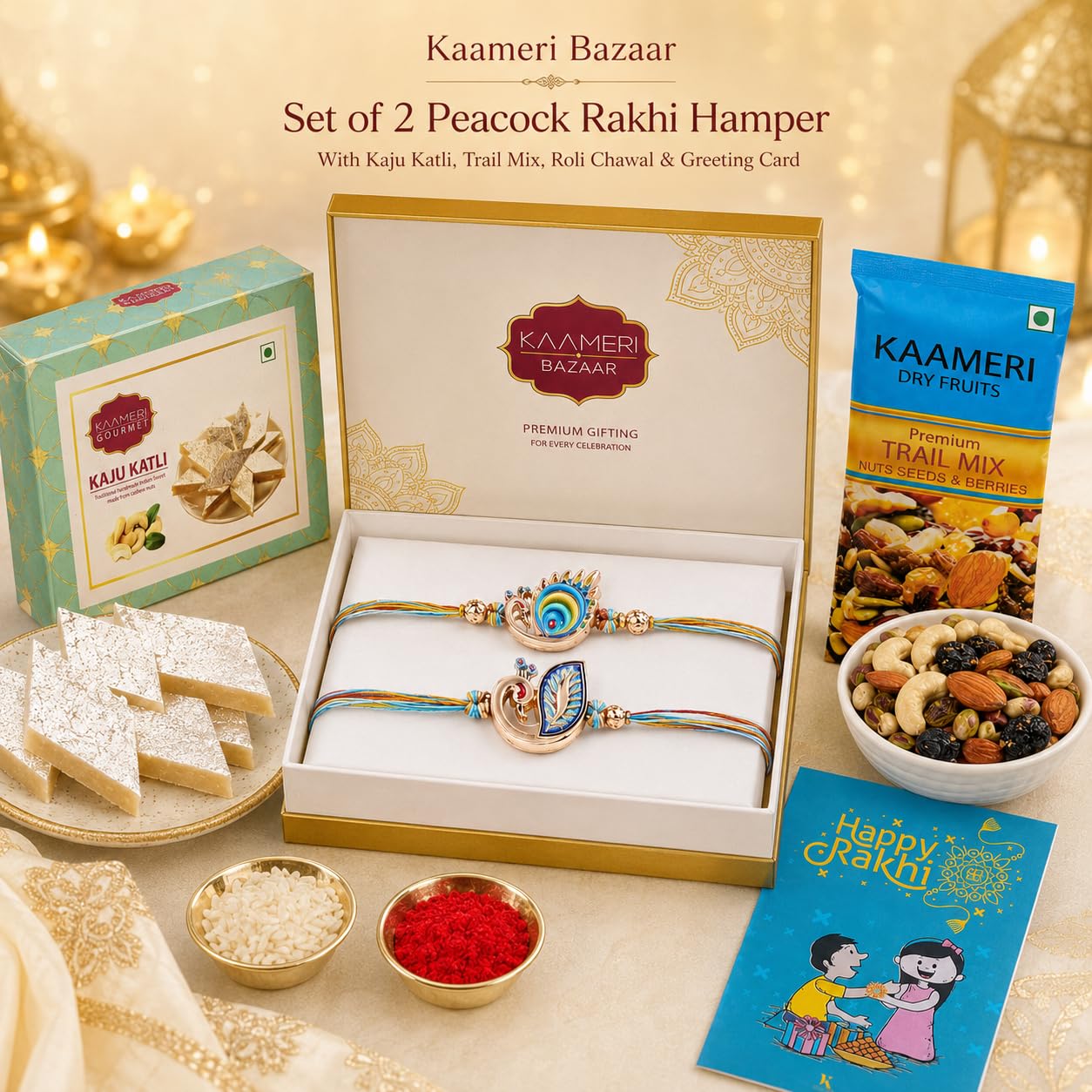 Set of 2 Peacock Rakhi for Brother with Kaju Katli 100g, Trail Mix 35g